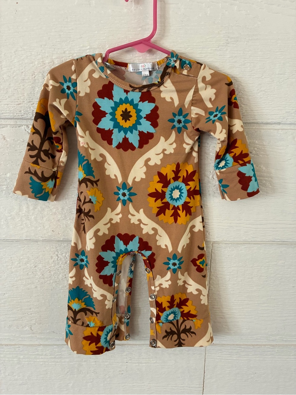 Kids Floral Footed One-Piece in Tan and Teal -